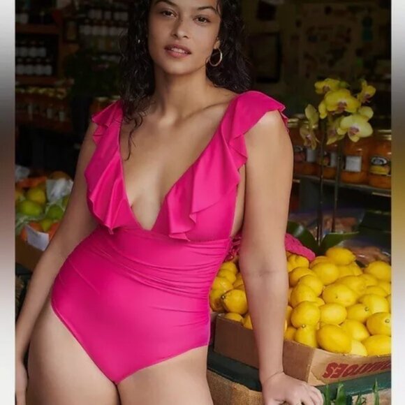 J. Crew Swimsuit Womens 6 Fuchsia Pink Ruched Ruffle V-Neck One Piece Beach Vaca - Picture 6 of 15